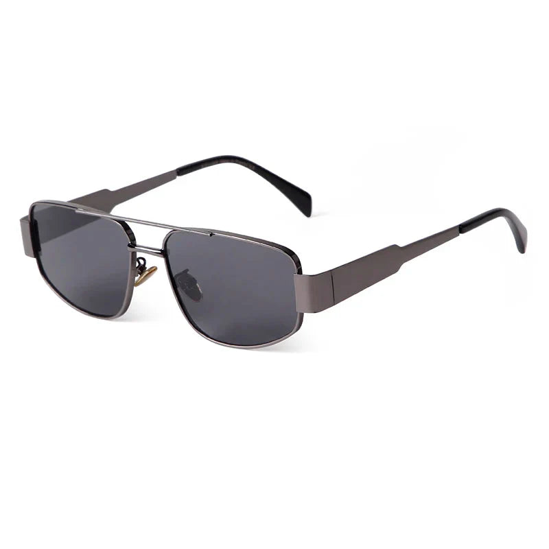 Woman wearing Blumenau luxury wood sunglasses with UV400 gradient lenses on dark premium background