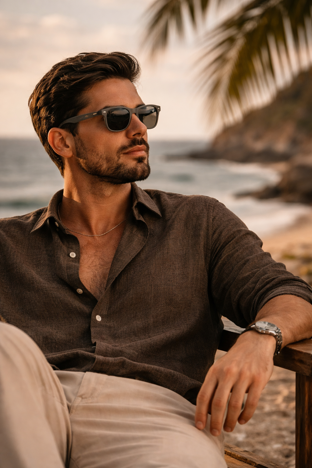 Man wearing Mancino Club aviator sunglasses in a black and white lifestyle portrait, premium men’s eyewear style