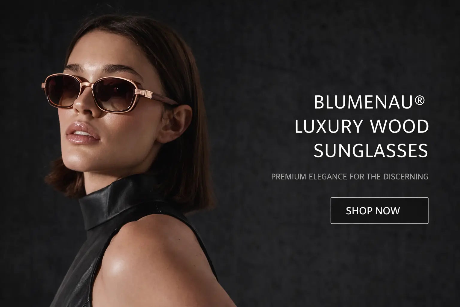 Woman wearing Blumenau luxury wood sunglasses with UV400 gradient lenses on dark premium background
