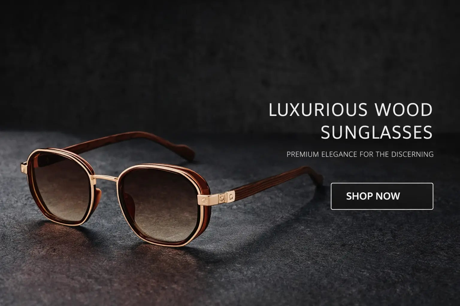 Luxury wood sunglasses with gradient lenses and UV400 protection on dark premium background