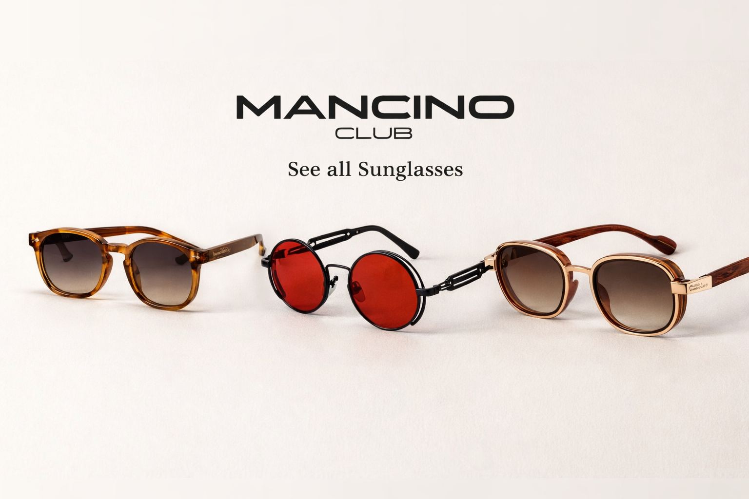 Mancino Club sunglasses collection featuring three premium styles on a clean minimal background