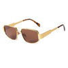 Woman wearing Blumenau luxury wood sunglasses with UV400 gradient lenses on dark premium background